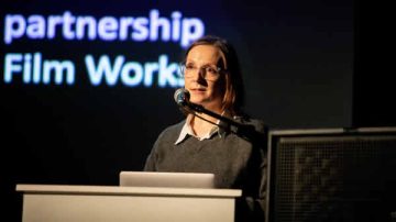 Ballyfermot College Alumna Nora Twomey at the podium. Photo by Terry Warren
