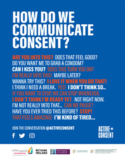 How do we Communicate Consent? Are you into this? Does that feel good? Do you want me to grab a condom? Can I kiss you? Does this turn you on? I'm really into this! I love it when you do that! I think I need a break. Yes! I doon;t think so... If you want to stop, we can stop whenever. I don't think I'm ready yet. Not right now. I'm not really into that. Can we pause? Have you ever tried this before? Stop! That feels amazing! I'm kind of tired... Join the conversation @ActiveConsent